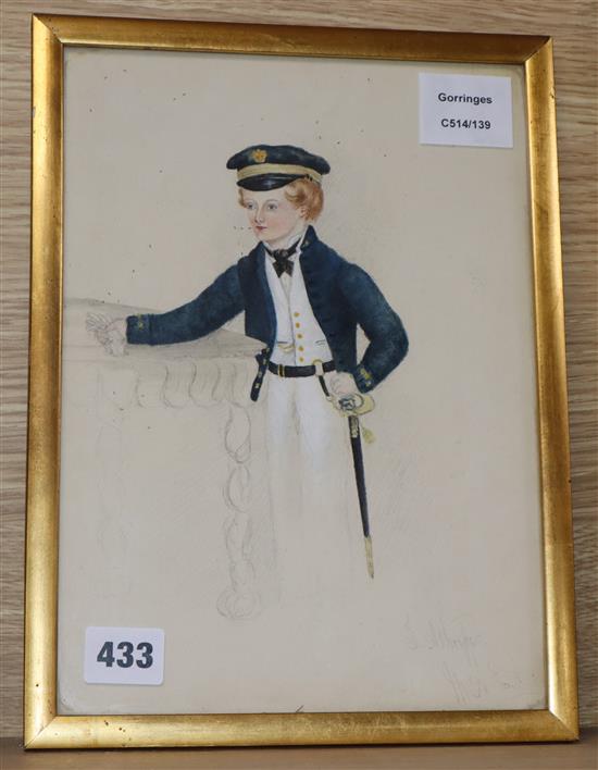 A Victorian watercolour of a midshipman, indistinctly signed 27 x 19cm